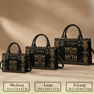 Collection of custom size pu leather tote bags for mom with gold geometric print and Evelyn name personalization