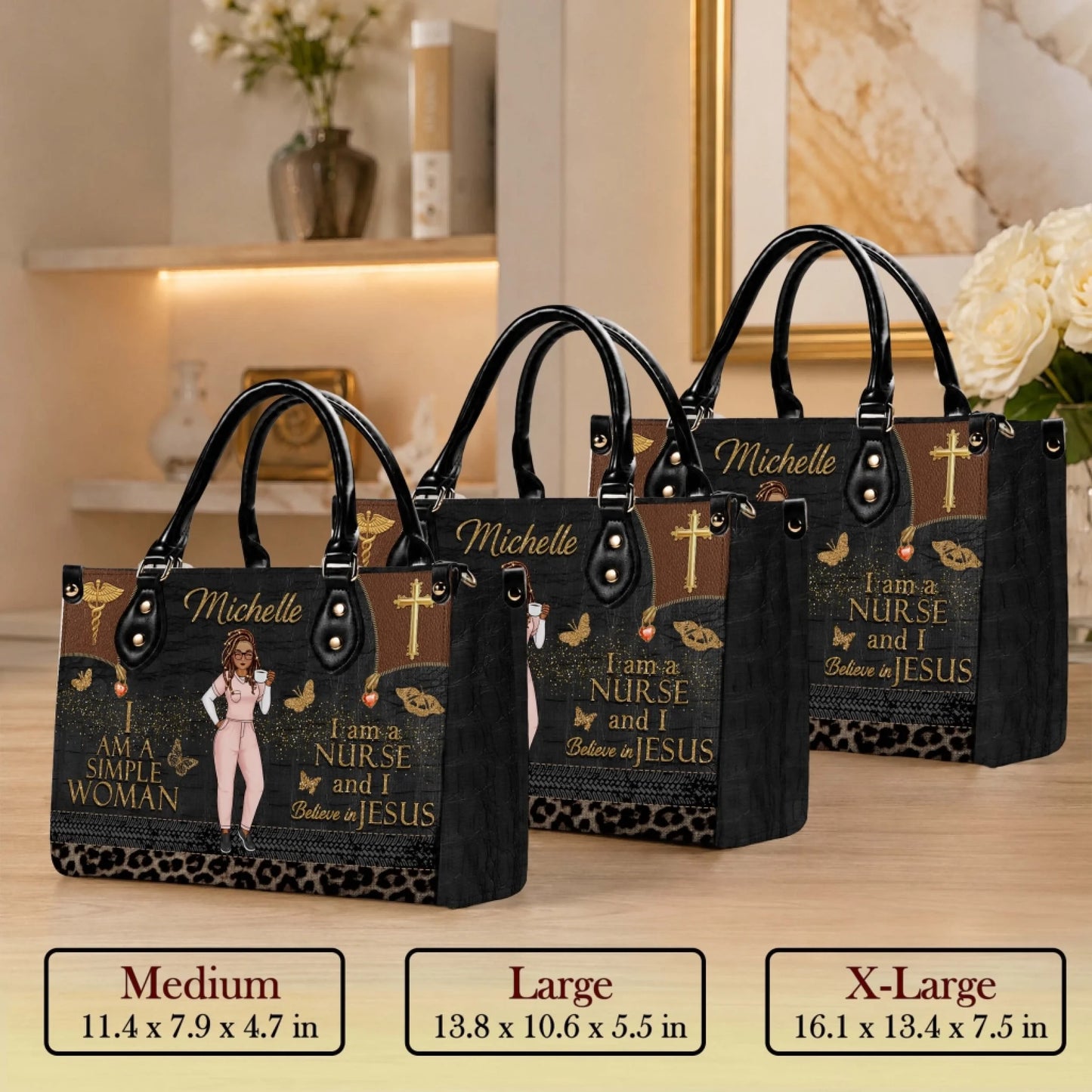 Medium Large and X Large sizes available for the personalized Michelle nurse handbag with inspirational christian design.