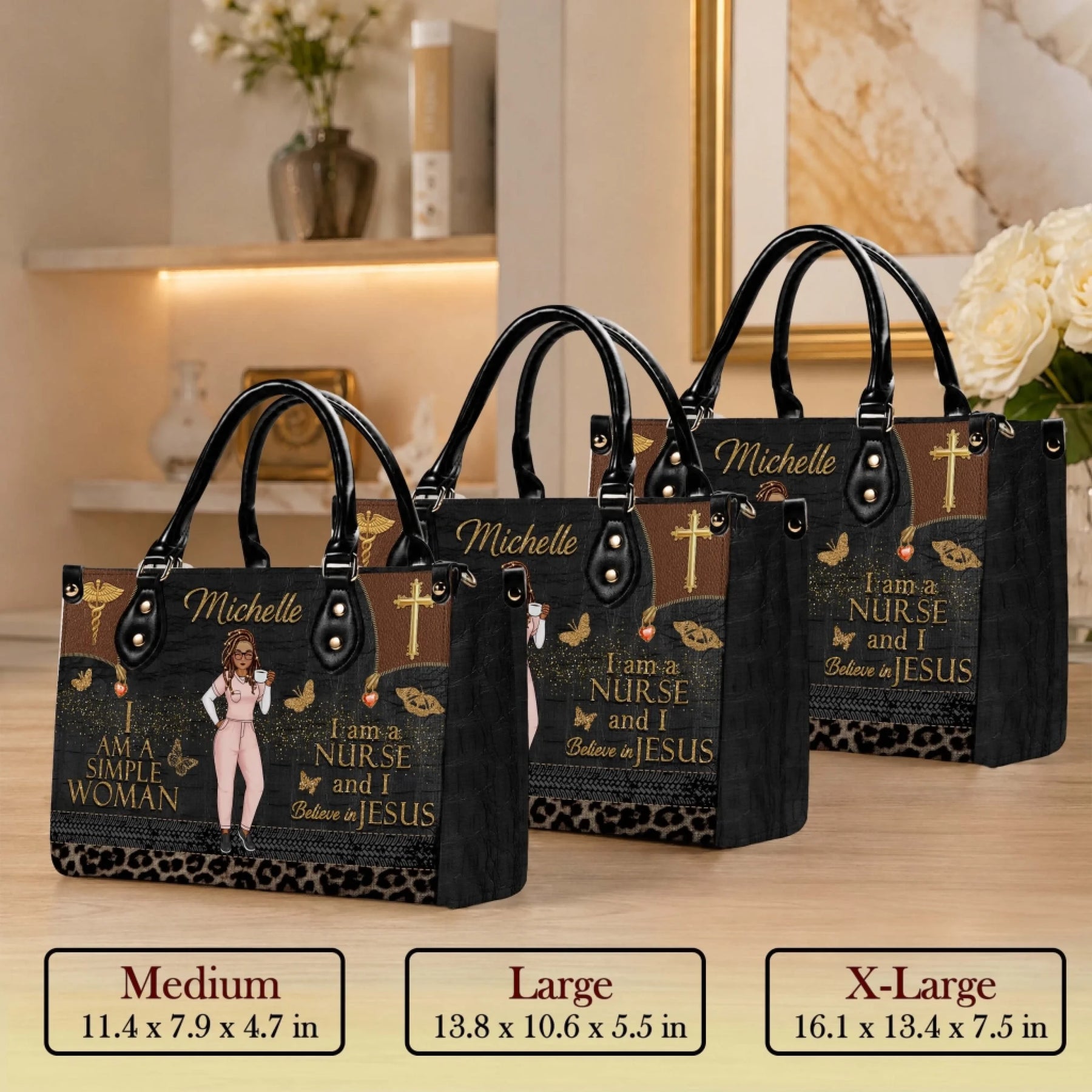 Medium Large and X Large sizes available for the personalized Michelle nurse handbag with inspirational christian design.