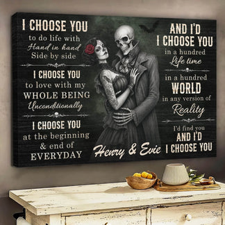 Personalized skeleton couple canvas wall art featuring romantic quote and custom names designed for meaningful home decor.