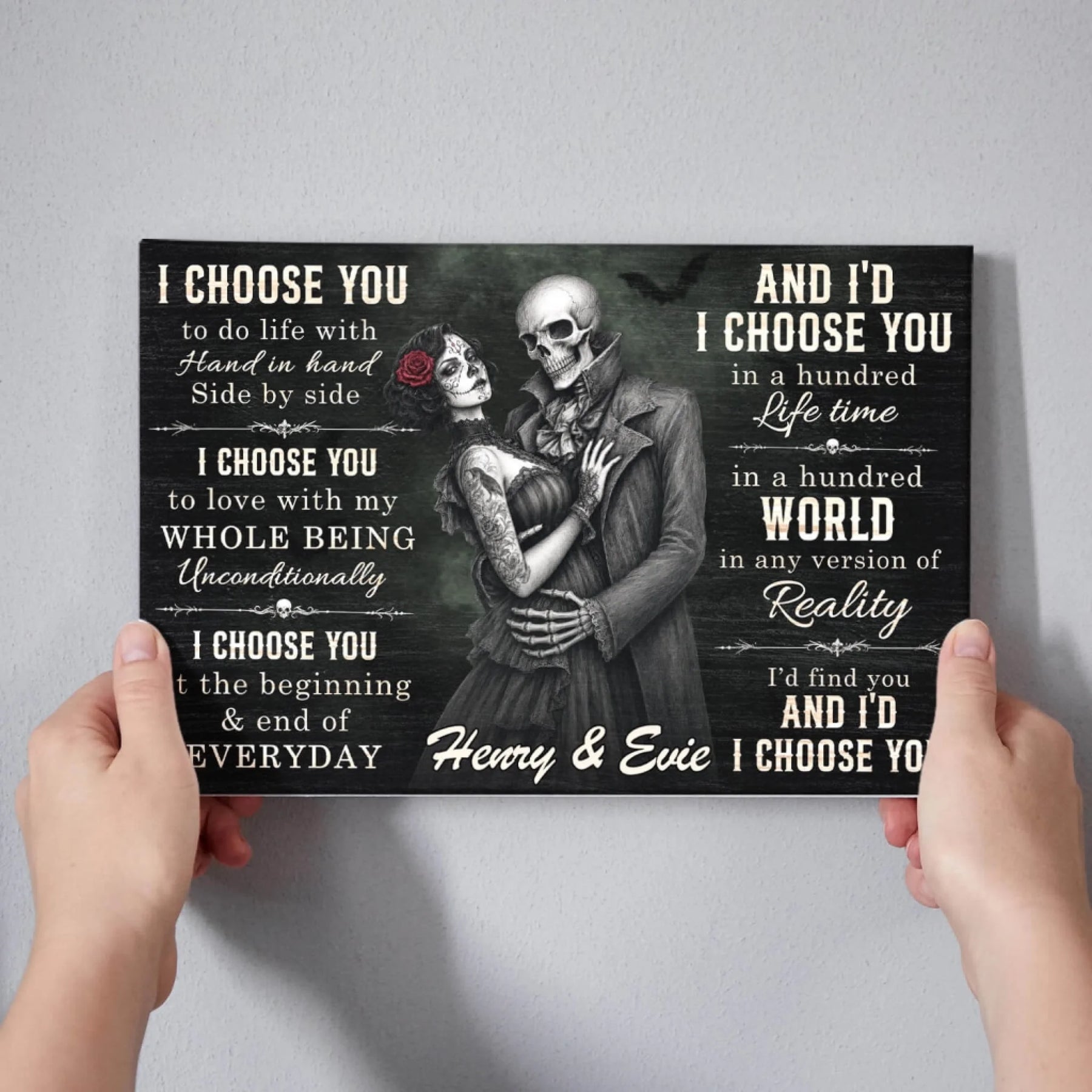 Personalized canvas featuring a skeleton couple with romantic quote, names Henry and Evie, ideal anniversary gift.