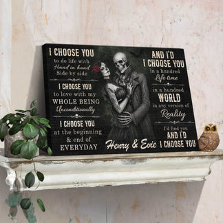 Custom skeleton couple romantic canvas wall decor featuring gothic love quote and personalized names for anniversary gifts.