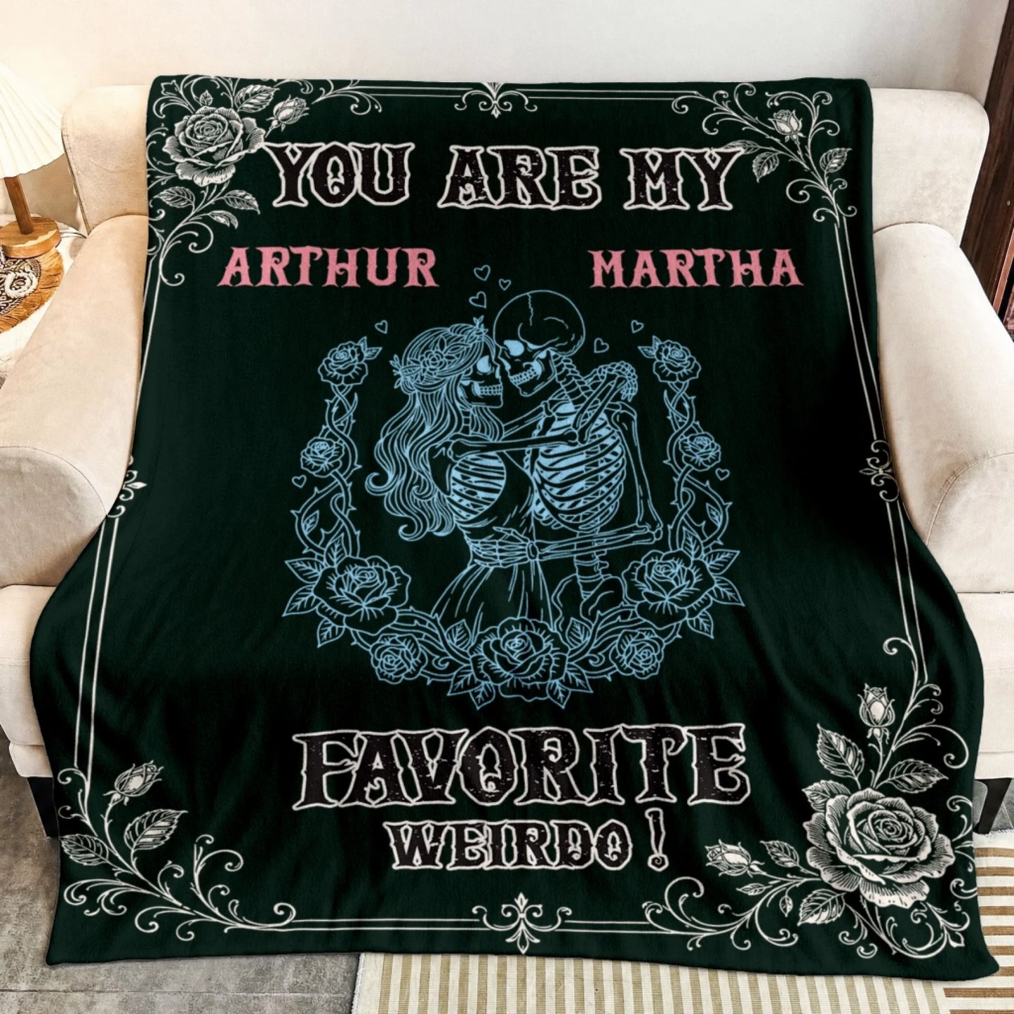 Romantic personalized throw blanket gift with skeleton couple art and names for Valentine's Day or anniversaries.