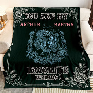 Romantic personalized throw blanket gift with skeleton couple art and names for Valentine's Day or anniversaries.