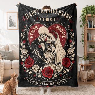 Personalized anniversary blanket showing a skeleton bride and groom with floral details and your favorite weirdo quote.
