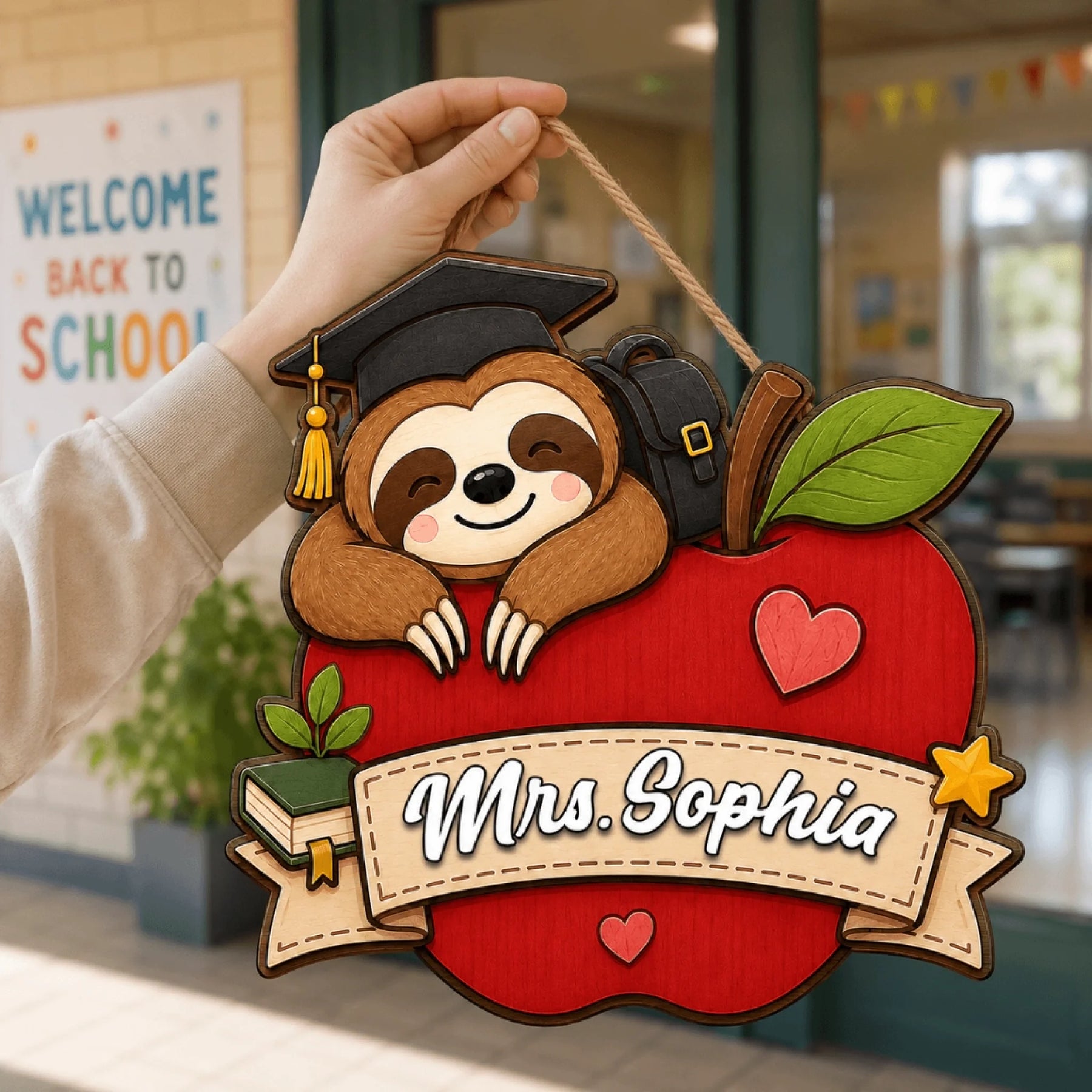 Decorative teacher classroom hanging sign featuring a cute sloth on an apple with personalized name Mrs Sophia design.