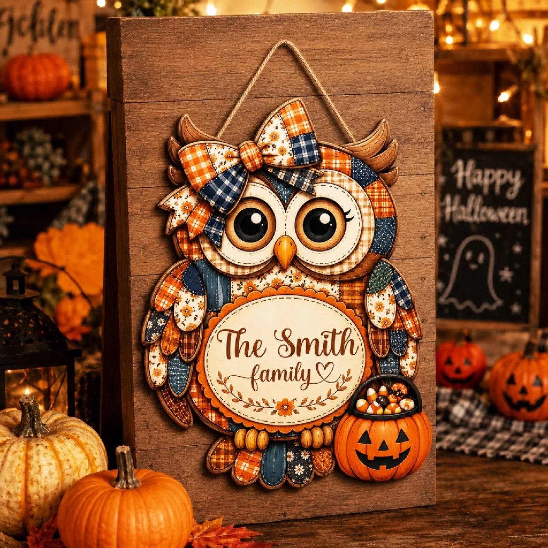 Personalized Smith family owl wood plaque with a pumpkin and candy corn design perfect for rustic farmhouse Halloween decor.