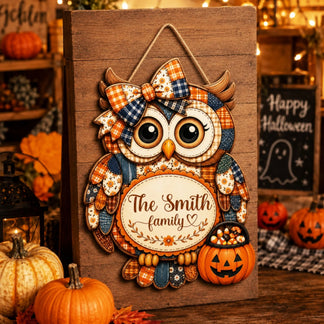 Personalized Smith family owl wood plaque with a pumpkin and candy corn design perfect for rustic farmhouse Halloween decor.