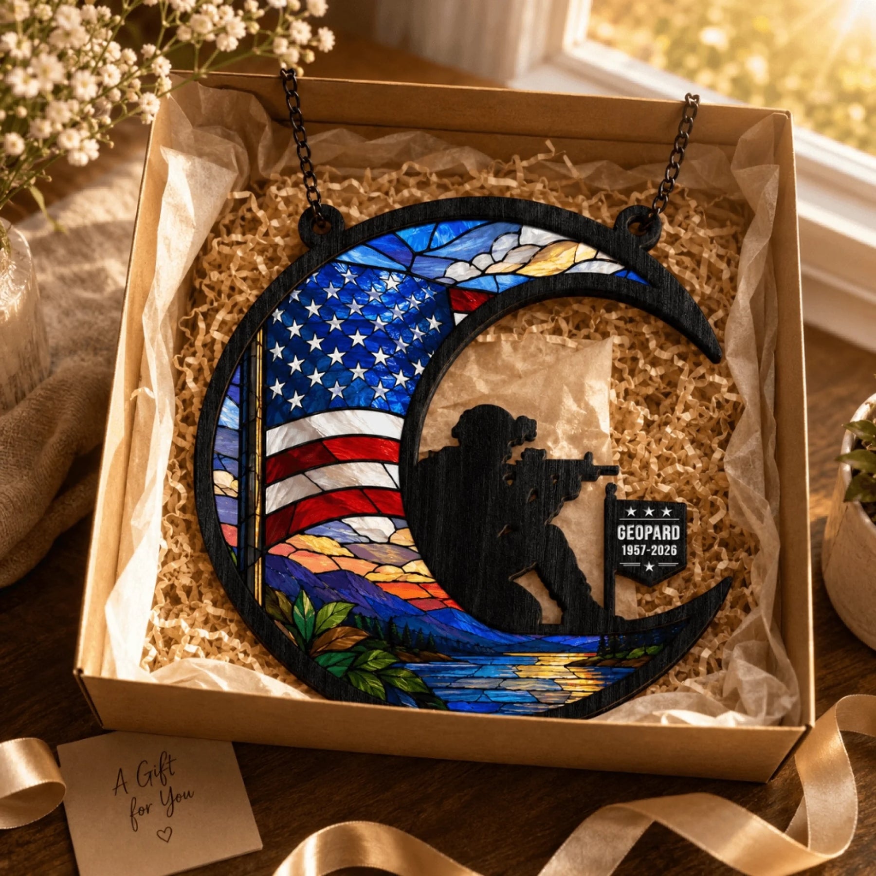 Custom soldier silhouette crescent moon suncatcher gift in a box for memorial and remembrance, featuring US flag.