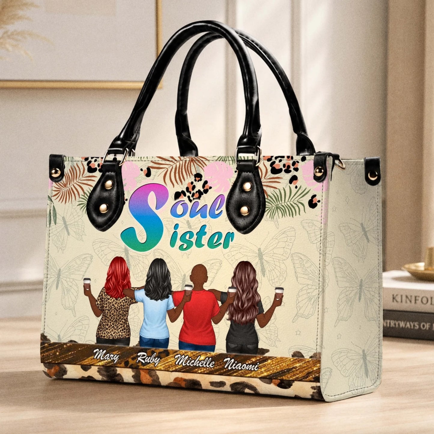 Customized tote bag for women featuring a colorful Soul Sister print and four best friends with custom names.