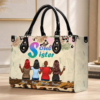 Customized tote bag for women featuring a colorful Soul Sister print and four best friends with custom names.