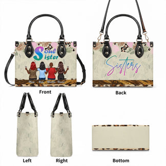 Set of angles showing a personalized four best friends tote bag with custom names and butterfly patterned sides.