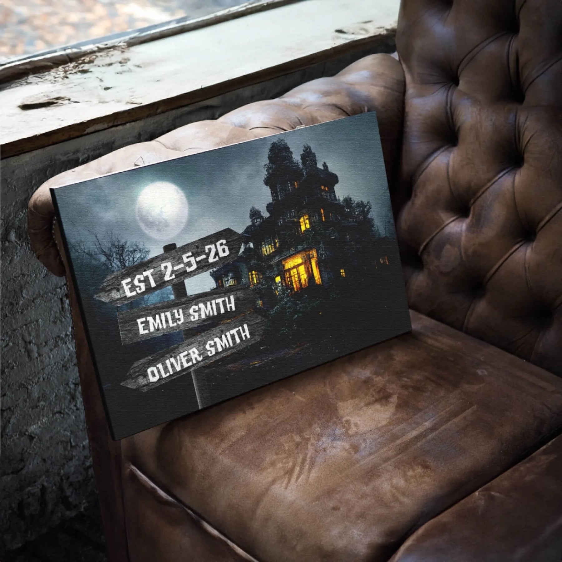 Custom spooky house wall art canvas with personalized name signs, ideal for Halloween home decor and gift ideas.