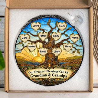 Custom stained glass family tree suncatcher with heart names displayed in a gift box, ideal personalized gift for family.