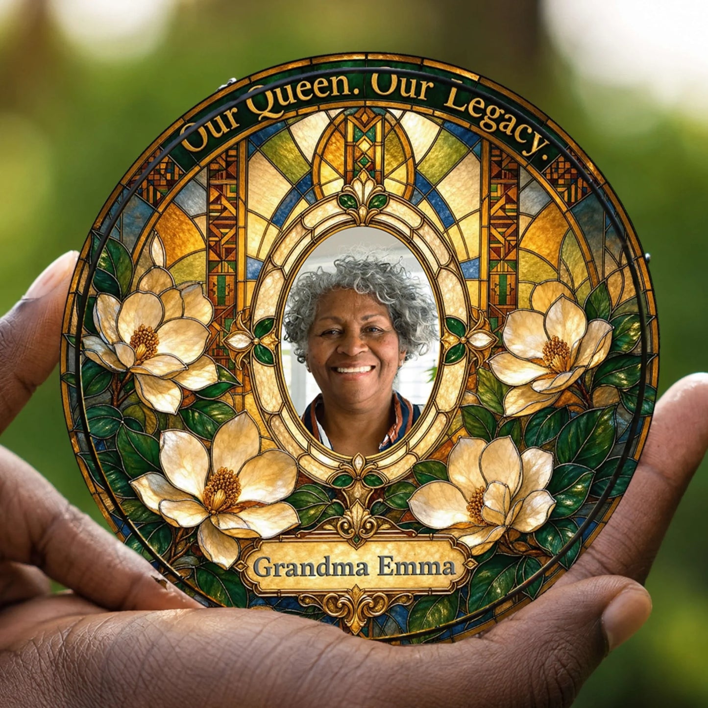 Hand held personalized stained glass suncatcher with a memorial photo and flower art for Grandma Emma.