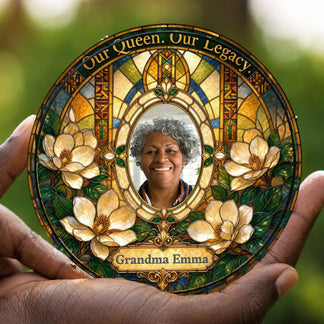 Hand held personalized stained glass suncatcher with a memorial photo and flower art for Grandma Emma.