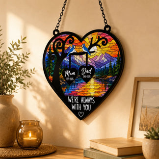Custom memorial stained glass heart with blue jays and sunset landscape, personalized sympathy gift for loss of parents.