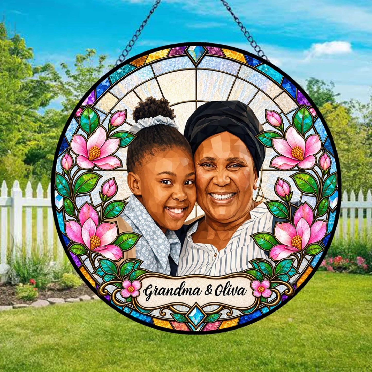 Round stained glass suncatcher featuring a photo of a grandma and granddaughter, perfect as a personalized keepsake gift.