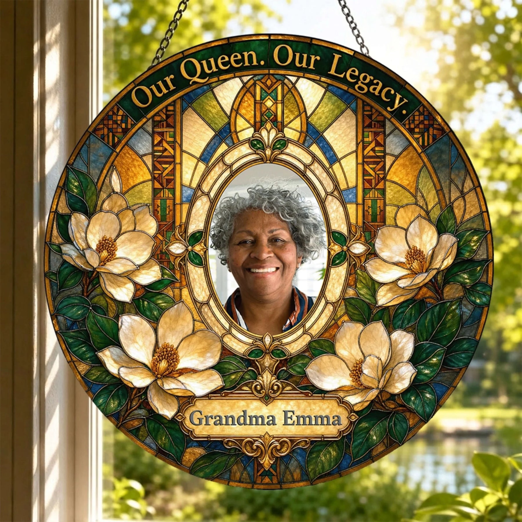 Round floral stained glass suncatcher featuring a custom photo of Grandma Emma and a heartfelt Our Queen Our Legacy quote.