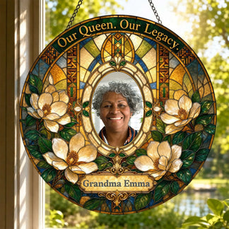Round floral stained glass suncatcher featuring a custom photo of Grandma Emma and a heartfelt Our Queen Our Legacy quote.
