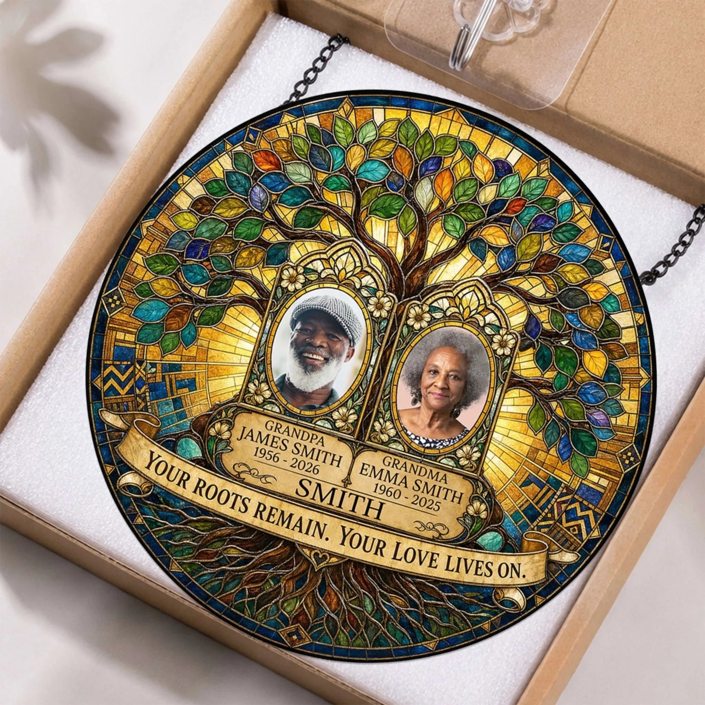Stained glass memorial suncatcher with custom photos of a couple, names, and commemorative dates, a thoughtful sympathy gift for lost loved ones