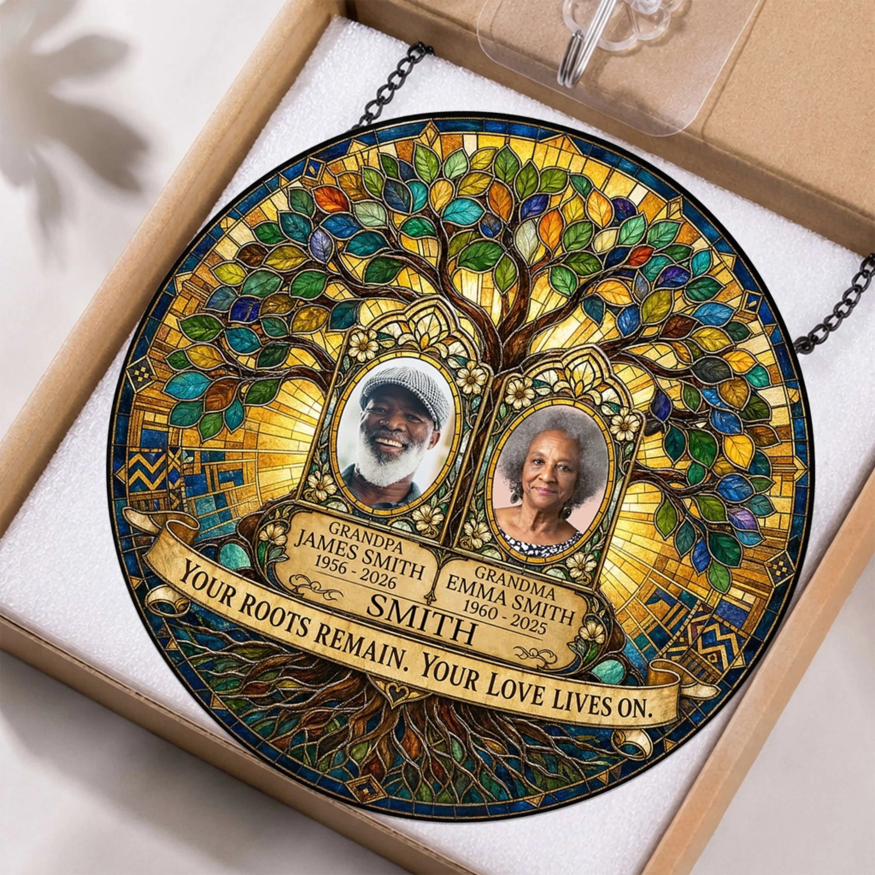 Stained glass memorial suncatcher with custom photos of a couple, names, and commemorative dates, a thoughtful sympathy gift for lost loved ones