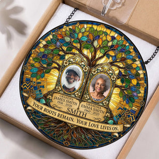 Stained glass memorial suncatcher with custom photos of a couple, names, and commemorative dates, a thoughtful sympathy gift for lost loved ones