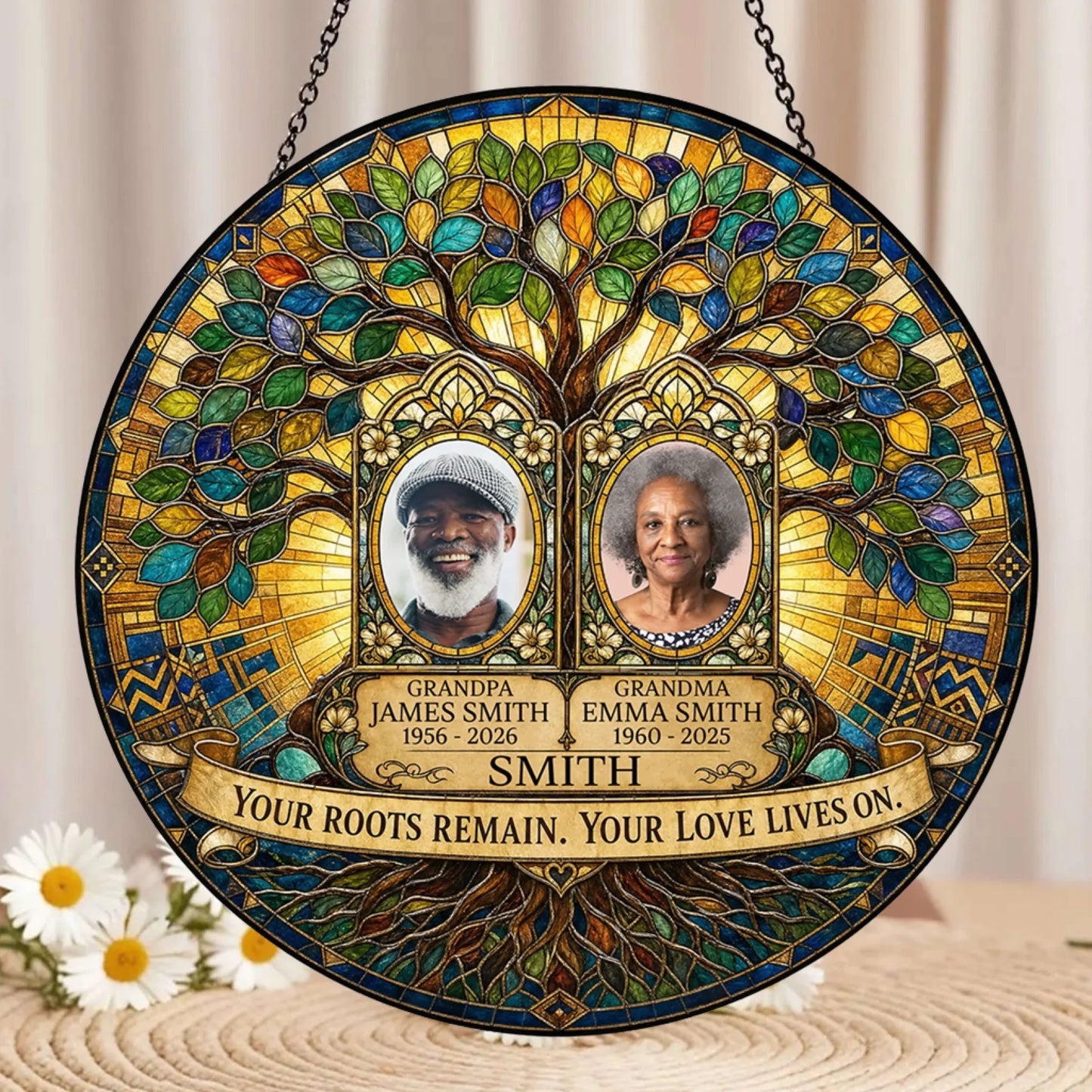 Personalized memorial suncatcher showing a family tree, names, and custom years as a thoughtful sympathy gift.