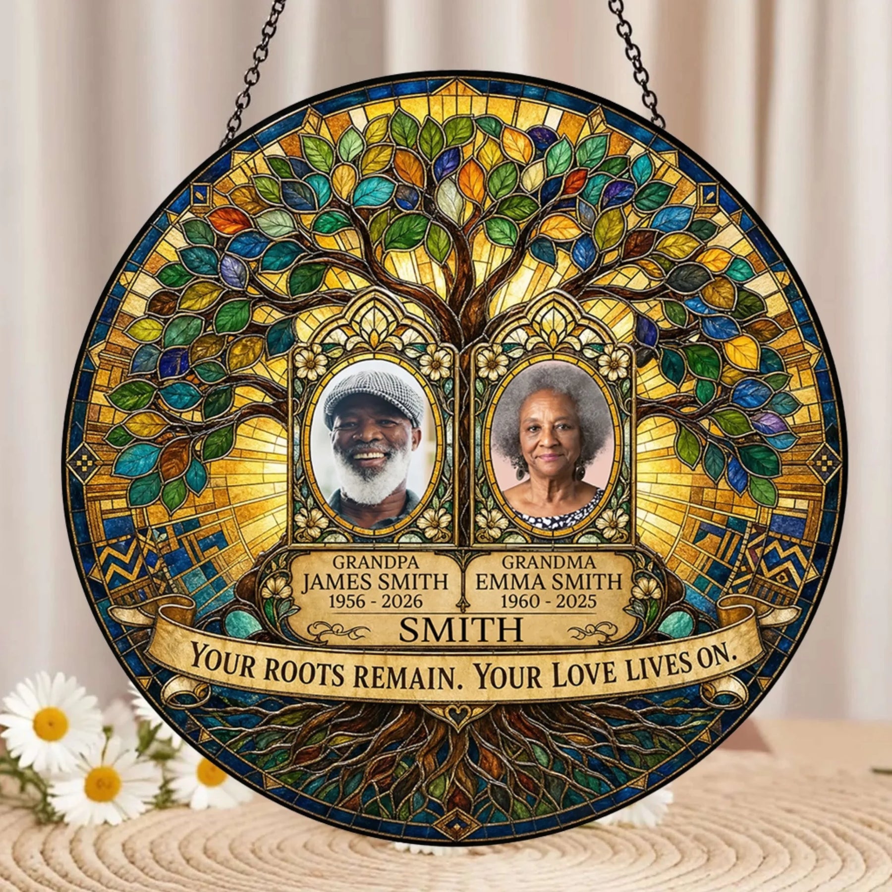 Personalized memorial suncatcher showing a family tree, names, and custom years as a thoughtful sympathy gift.