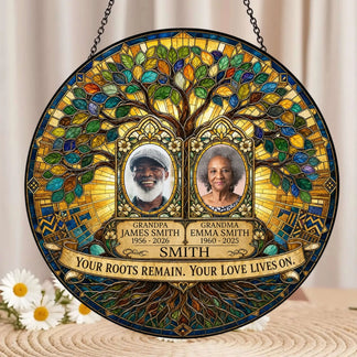 Personalized memorial suncatcher showing a family tree, names, and custom years as a thoughtful sympathy gift.