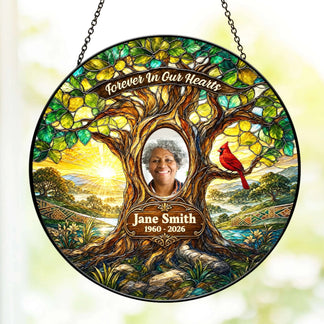 Personalized memorial stained glass tree of life suncatcher with custom photo and dates for sympathy gift