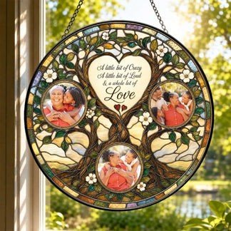 Round stained glass family tree suncatcher customized with three photos and a beautiful quote hanging in a window