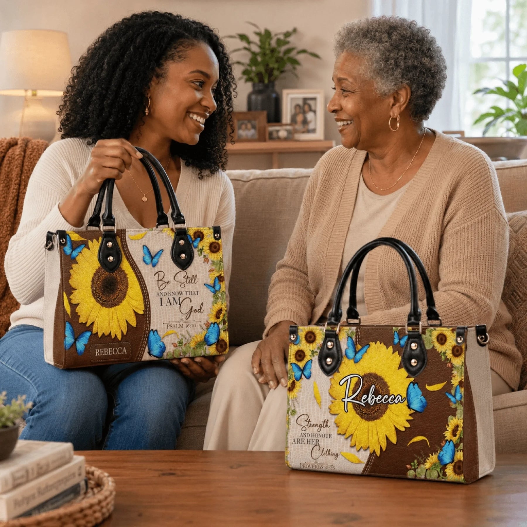 Two women holding personalized sunflower and butterfly tote bags with inspirational religious verses and custom names.