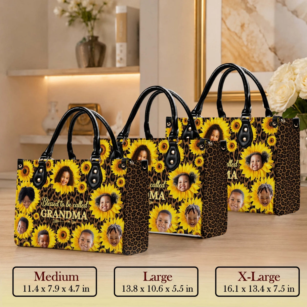 Set of three custom sunflower leopard print grandma tote bags in medium large and extra large size options.