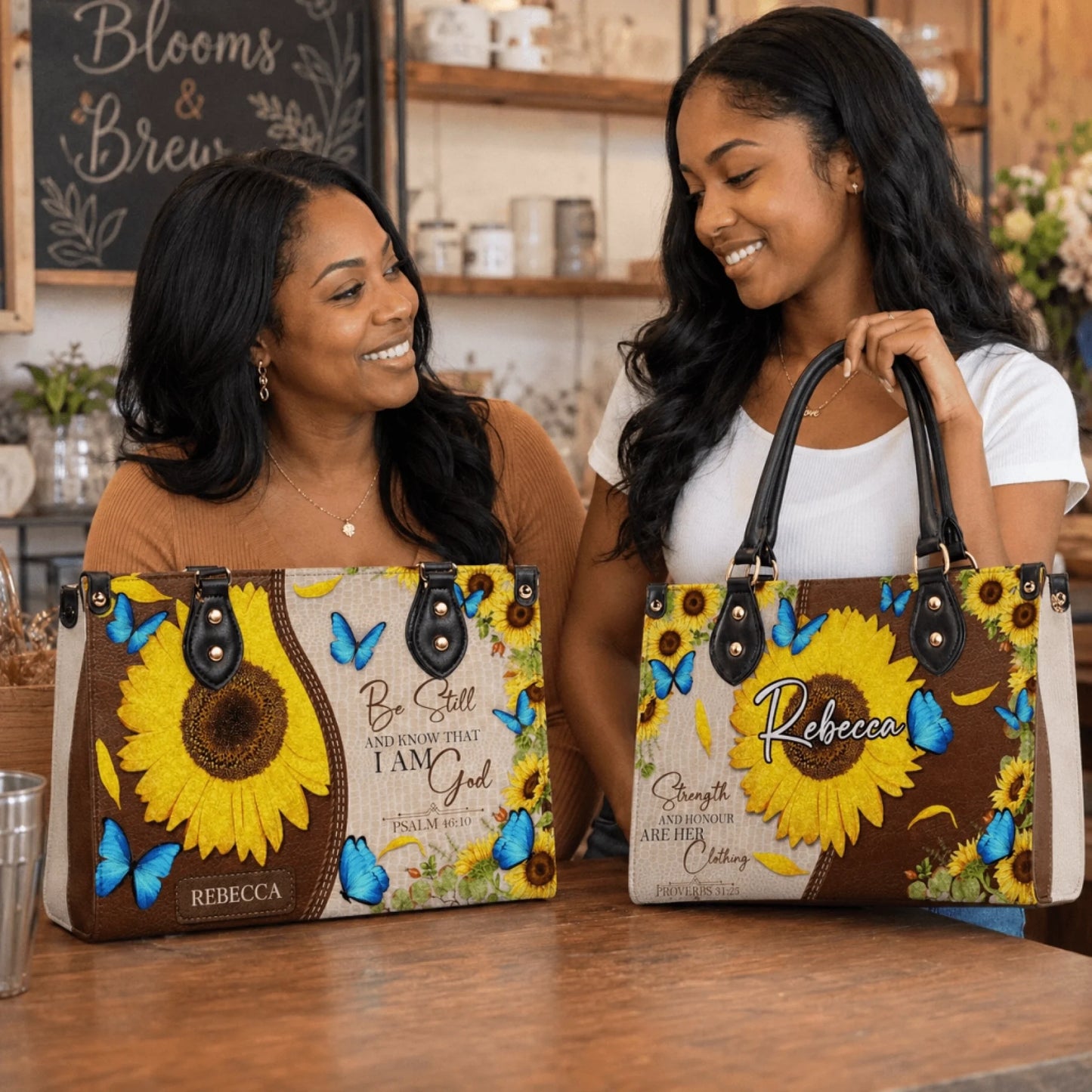 Two women holding custom sunflower themed handbags with floral religious quotes and personalized names for birthdays.