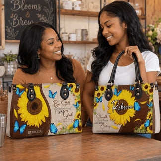 Two women holding custom sunflower themed handbags with floral religious quotes and personalized names for birthdays.