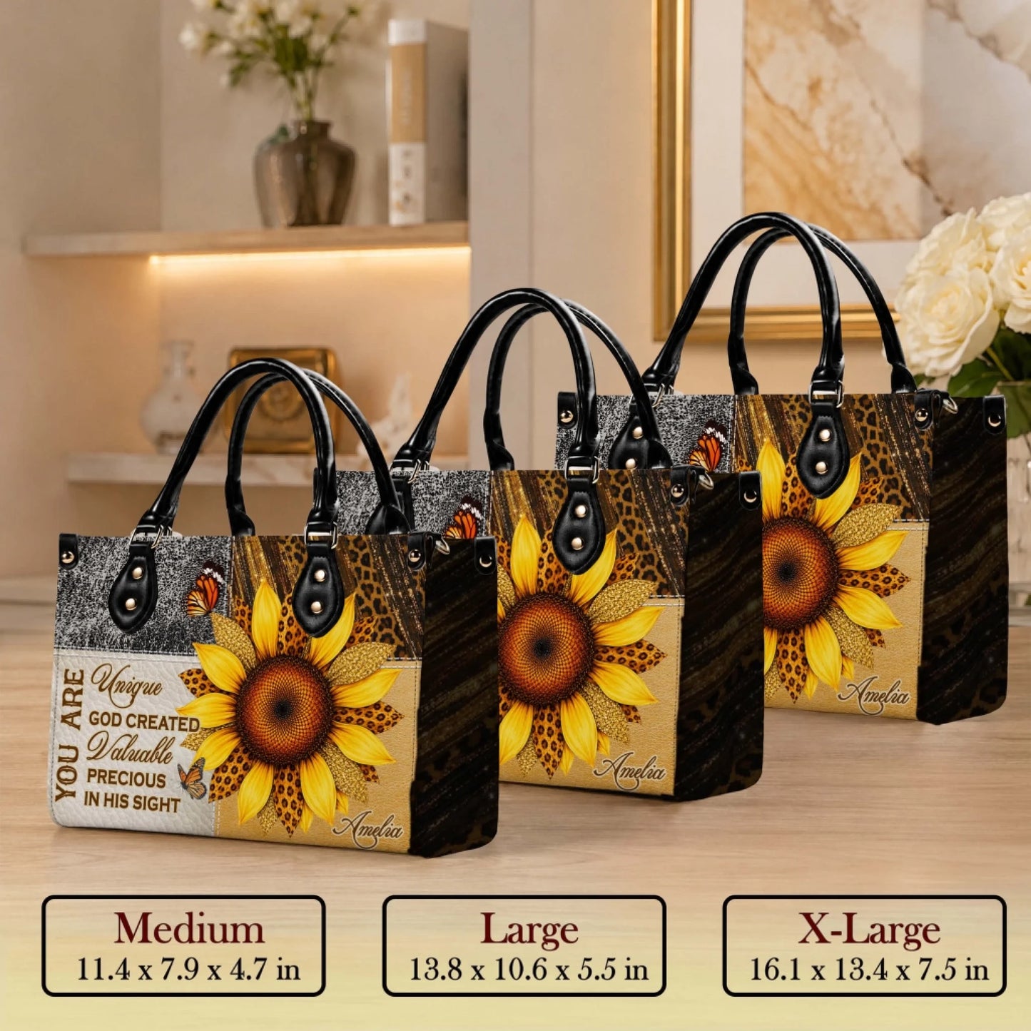 Three sizes of personalized sunflower butterfly tote bags shown together for size reference including dimensions.