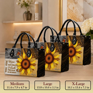 Three sizes of personalized sunflower butterfly tote bags shown together for size reference including dimensions.