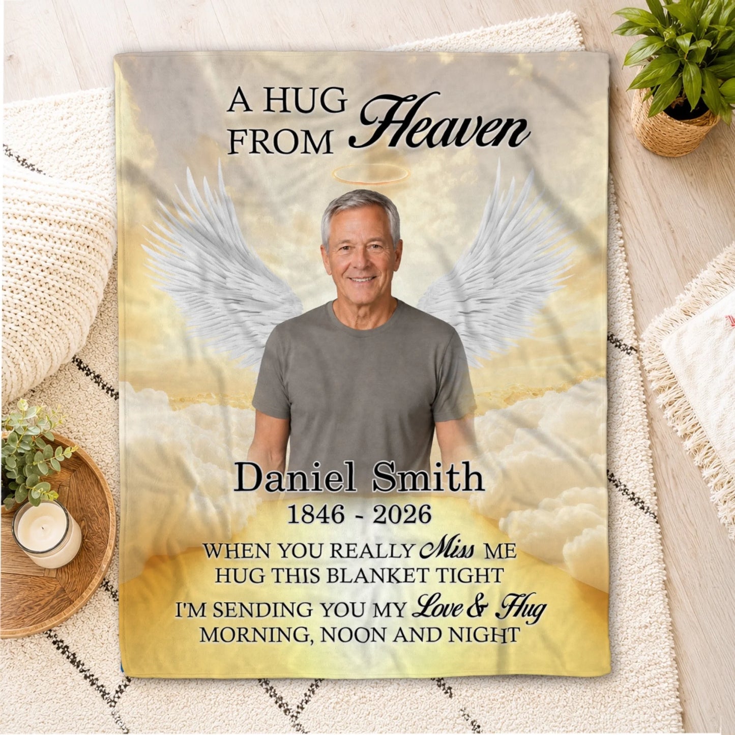 Personalized memorial throw blanket for loss of loved one with custom name and dates on a golden cloud background.