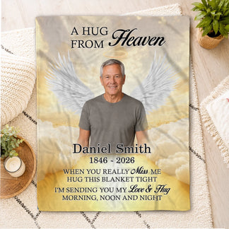 Personalized memorial throw blanket for loss of loved one with custom name and dates on a golden cloud background.