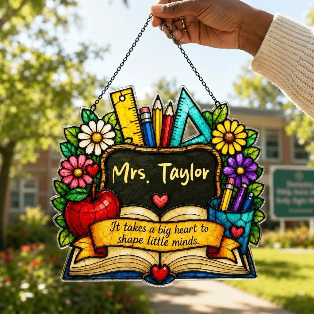 Hand holding a personalized teacher appreciation acrylic suncatcher with a beautiful stained glass style design.