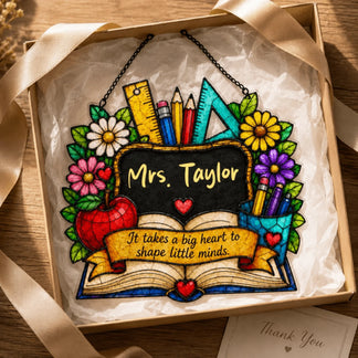 Beautiful personalized teacher appreciation acrylic ornament gift set in a box for end of school year celebration.