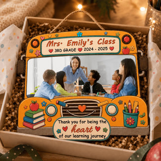 Custom wooden school bus sign for teachers, personalized with classroom photo, name, and heart of learning journey quote.