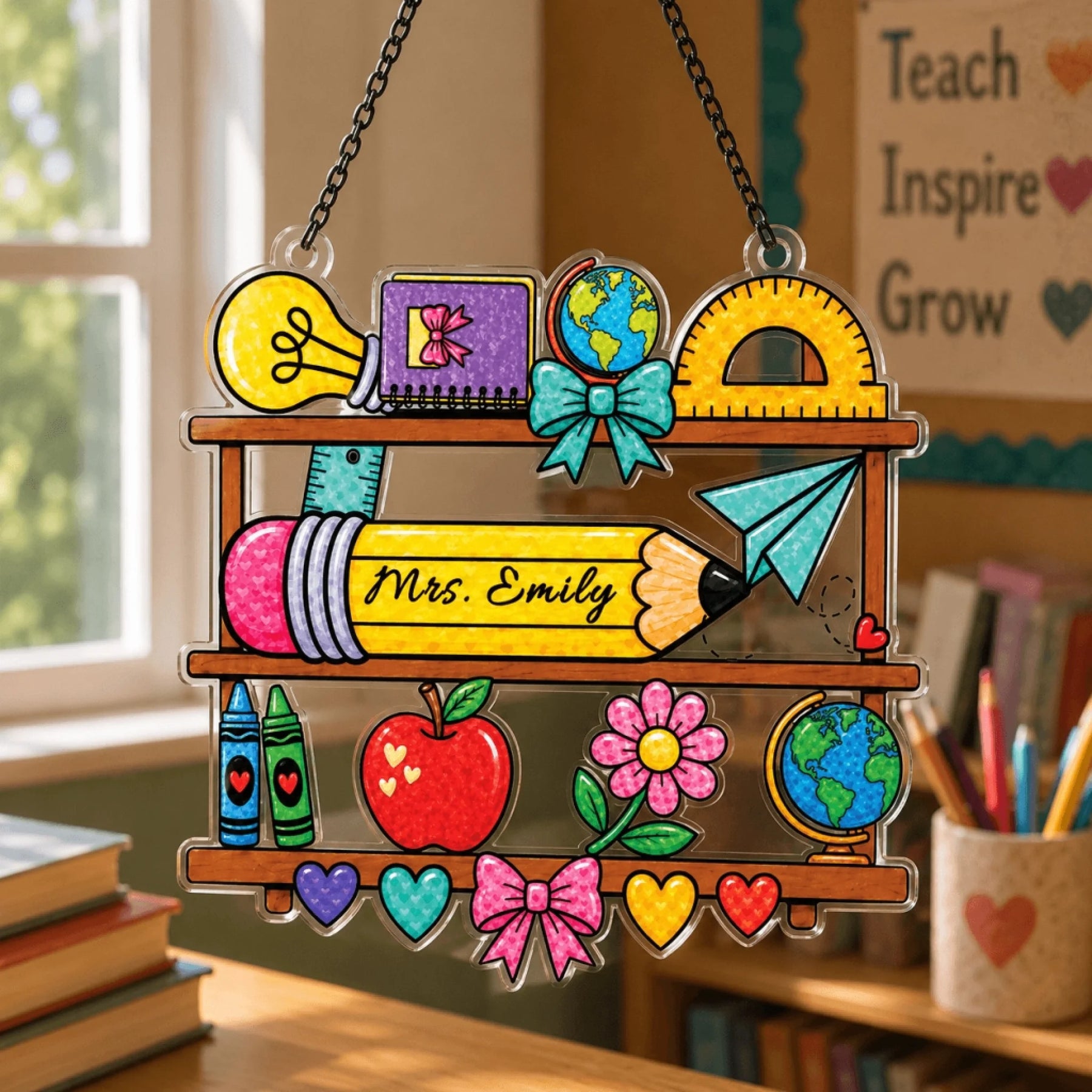 Personalized teacher gift featuring a shelf design with a pencil, globe, apple, and Mrs. Emily name tag ornament.