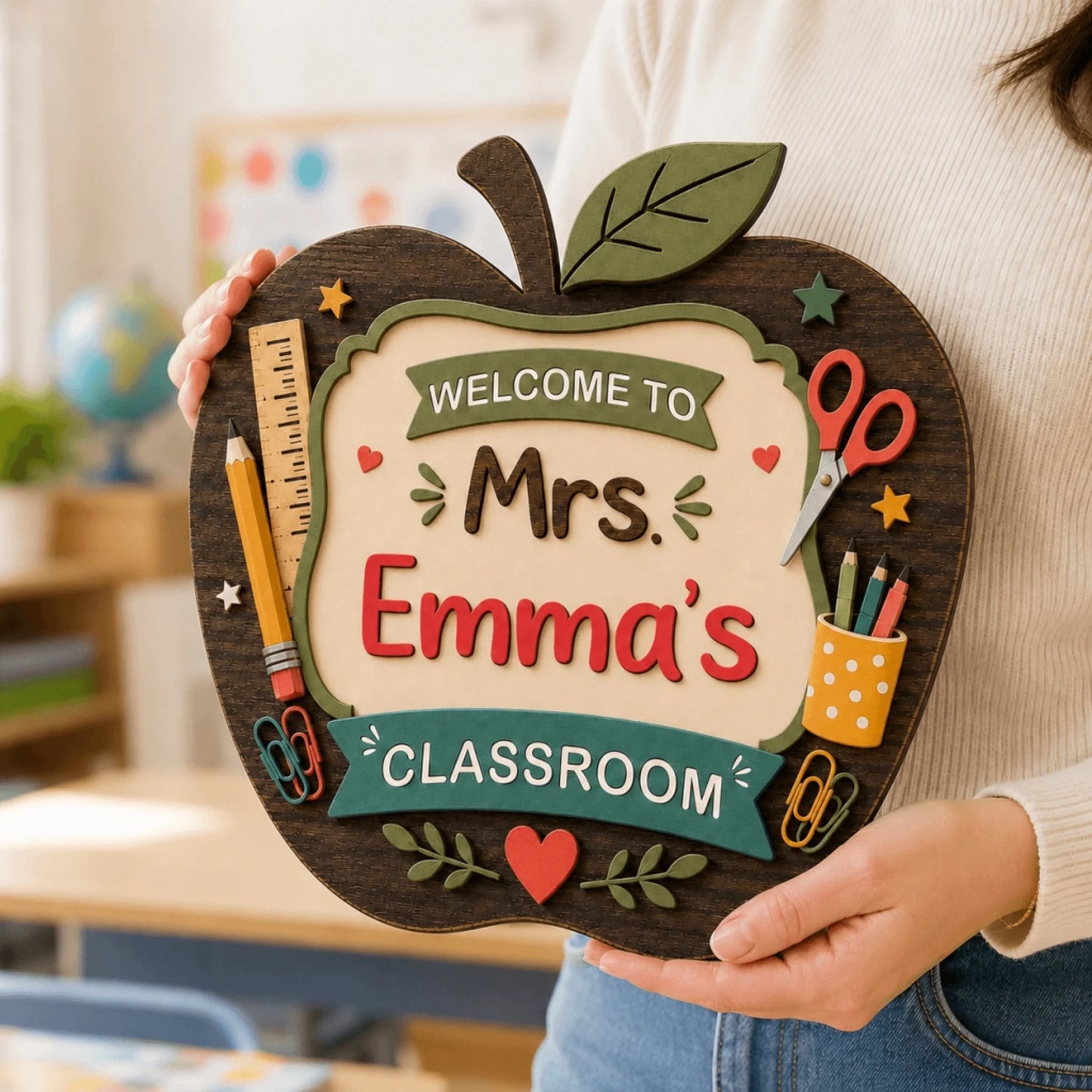 Person holding a personalized wooden apple sign that reads Mrs. Emma's Classroom in a classroom setting.