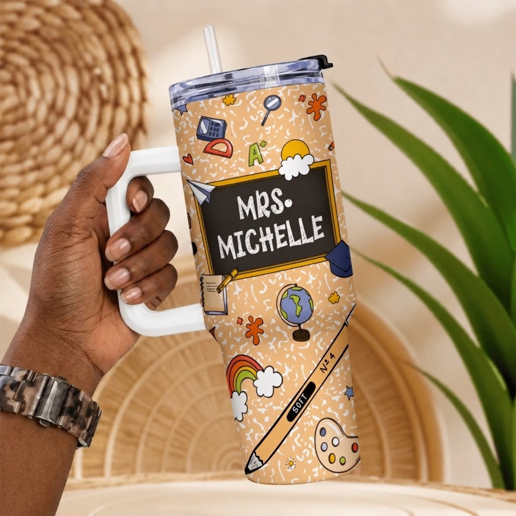 Personalized Mrs Michelle school themed insulated travel tumbler featuring classroom supplies and chalkboard design