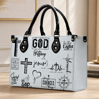 A personalized handbag featuring Christian scripture quotes and cross motifs, ideal as a thoughtful religious gift.