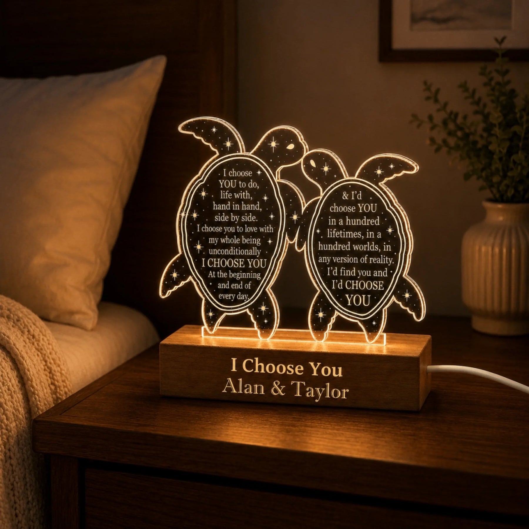 Custom engraved acrylic turtle lamp for couples with Alan and Taylor names, perfect for romantic anniversary decor.