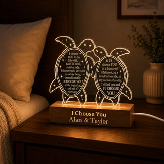 Custom engraved acrylic turtle lamp for couples with Alan and Taylor names, perfect for romantic anniversary decor.