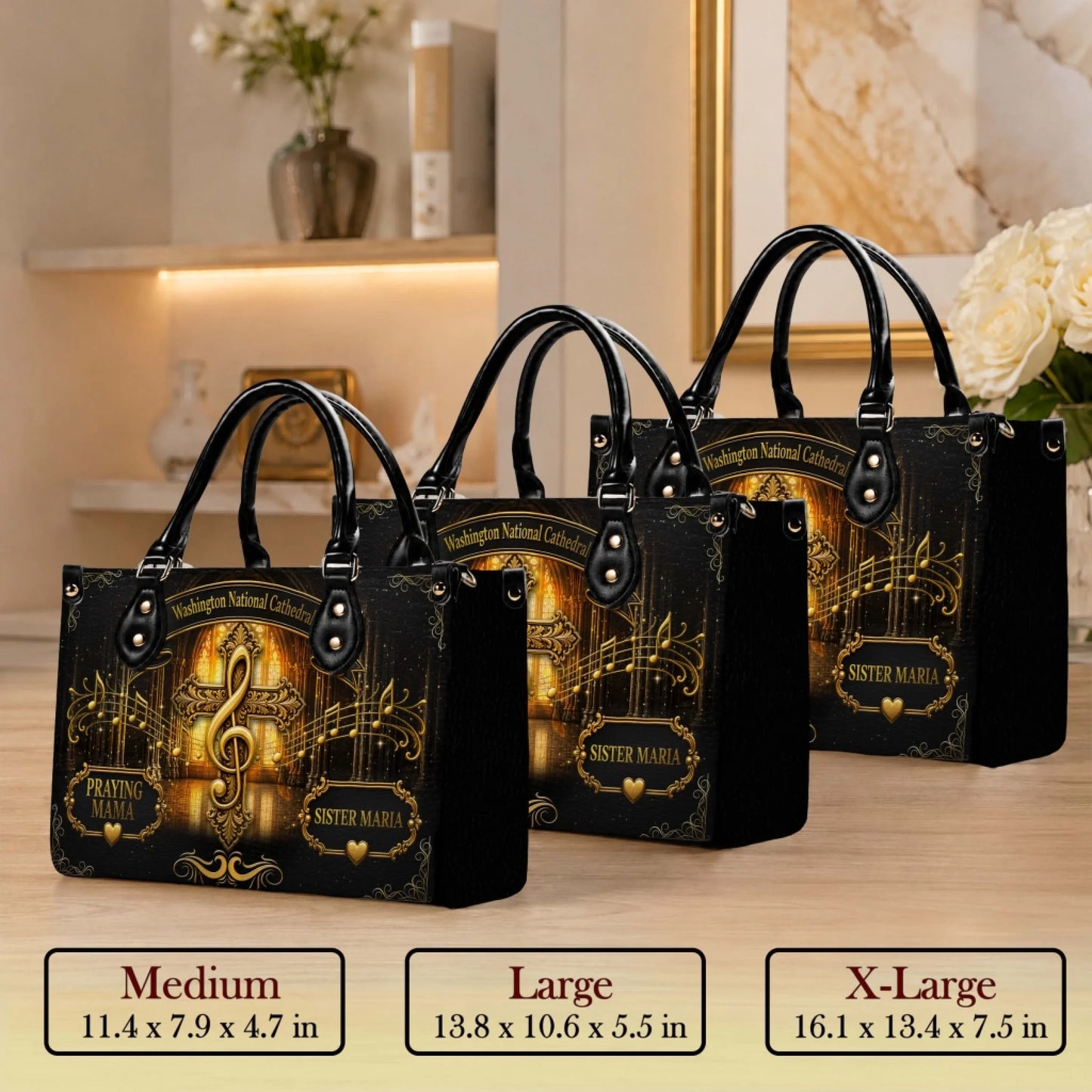 Set of three personalized musical tote bags featuring a cross, treble clef, and custom names in varying sizes.
